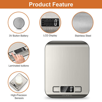 CROWNFUL Küchenwaage, 11lb/5kg Digitale Küchenwaage für Kochen und Backen, 6 Maßeinheiten mit Tara-Funktion (Batterie enthalten)