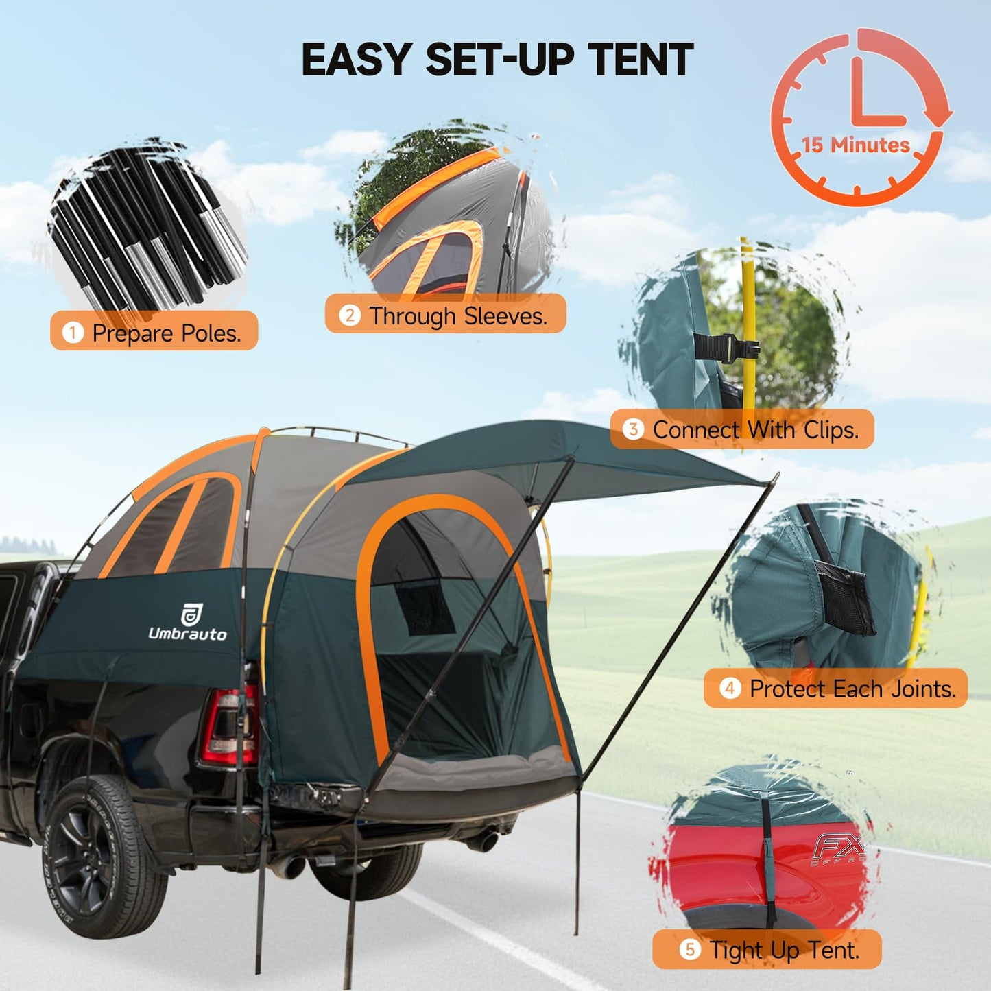Truck Bed Tent 5.5-6ft: Easy Set Up Umburato Pickup Truck Tents for Camping, Waterproof PU3000mm Canopy for Truck Camper, Portable, Spacious for 2 Person Green