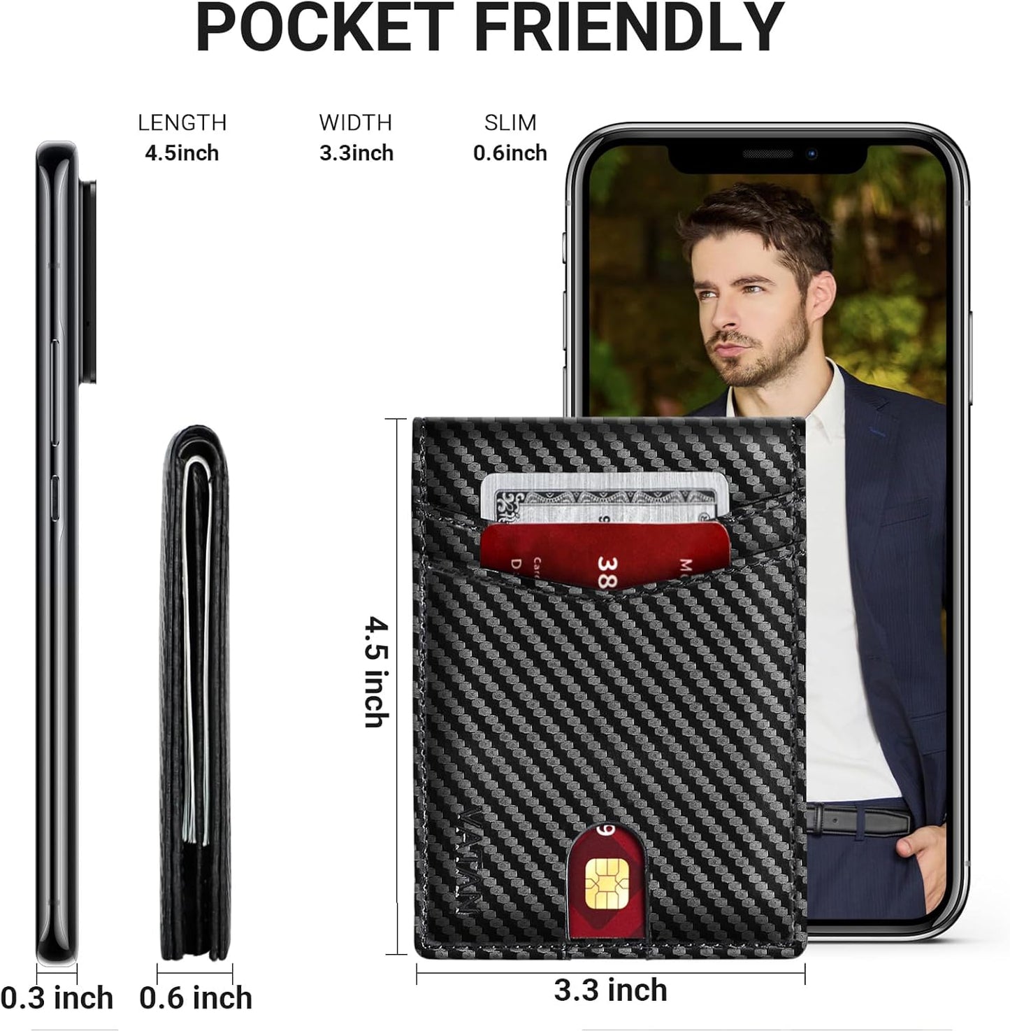 VATAN Herren Slim Wallet RFID Schutz Leder Kreditkartenetui für 15 Karten, Bifold Minimalistisches Dünnes Portemonnaie mit 2 Ausweisfenstern und Geldscheinfach, mit Geschenkbox (Carbon Fiber Schwarz)