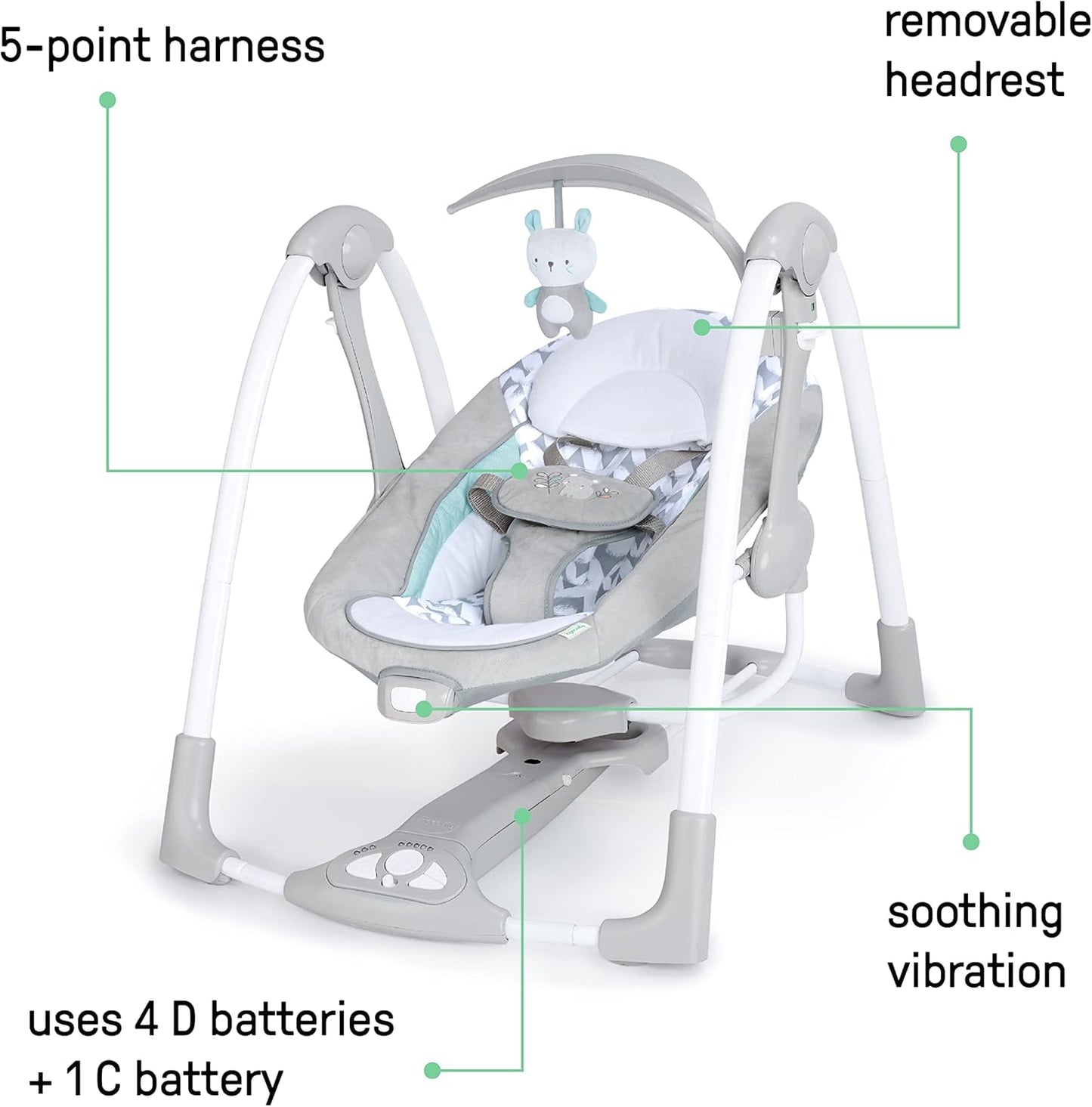 Ingenuity ConvertMe 2-in-1 Kompakte tragbare automatische Babyschaukel & Babysitz, batteriebetriebene Vibrationen, Naturgeräusche, 0-9 Monate 2,7-9 kg (Raylan)