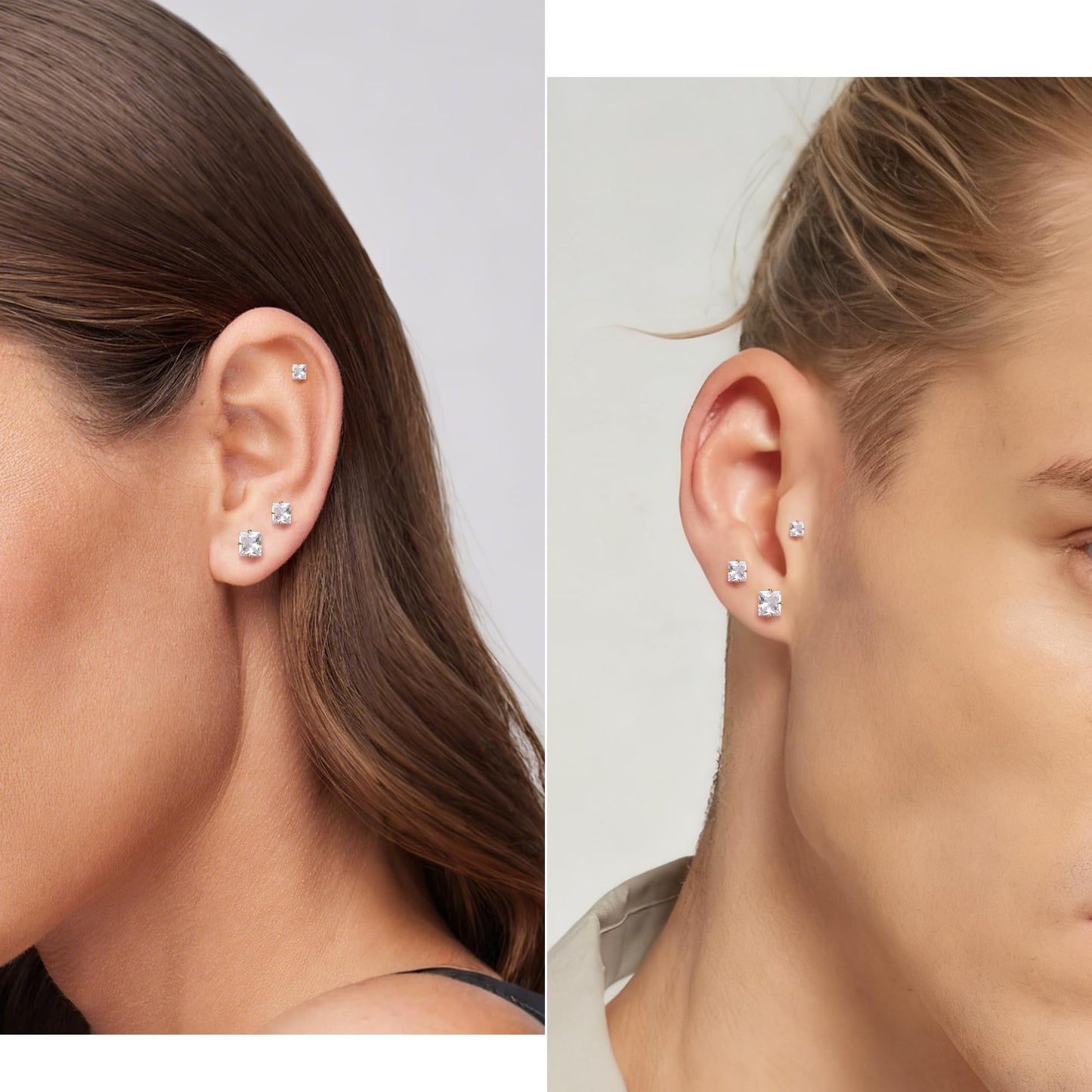 Trinckle 4 Paar Edelstahl Ohrringe, Silber Zirkonia Ohrstecker Hypoallergener Prinzessschliff Ohrstecker Set für Damen, Quadratische Ohrringe für Herren Knorpelpiercing Labordiamant Herren Schmuck Geschenke