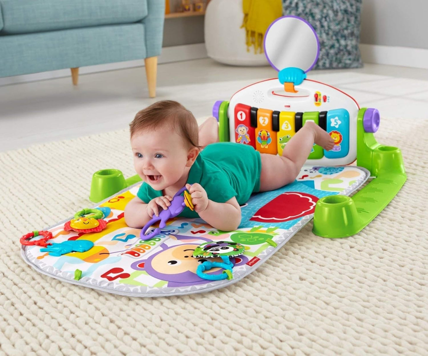Fisher-Price Baby-Spielmatte „Glow and Grow Kick & Play Piano Gym“, blaues musikalisches Lernspielzeug mit Entwicklungsaktivitäten für Neugeborene ab 0 Monaten