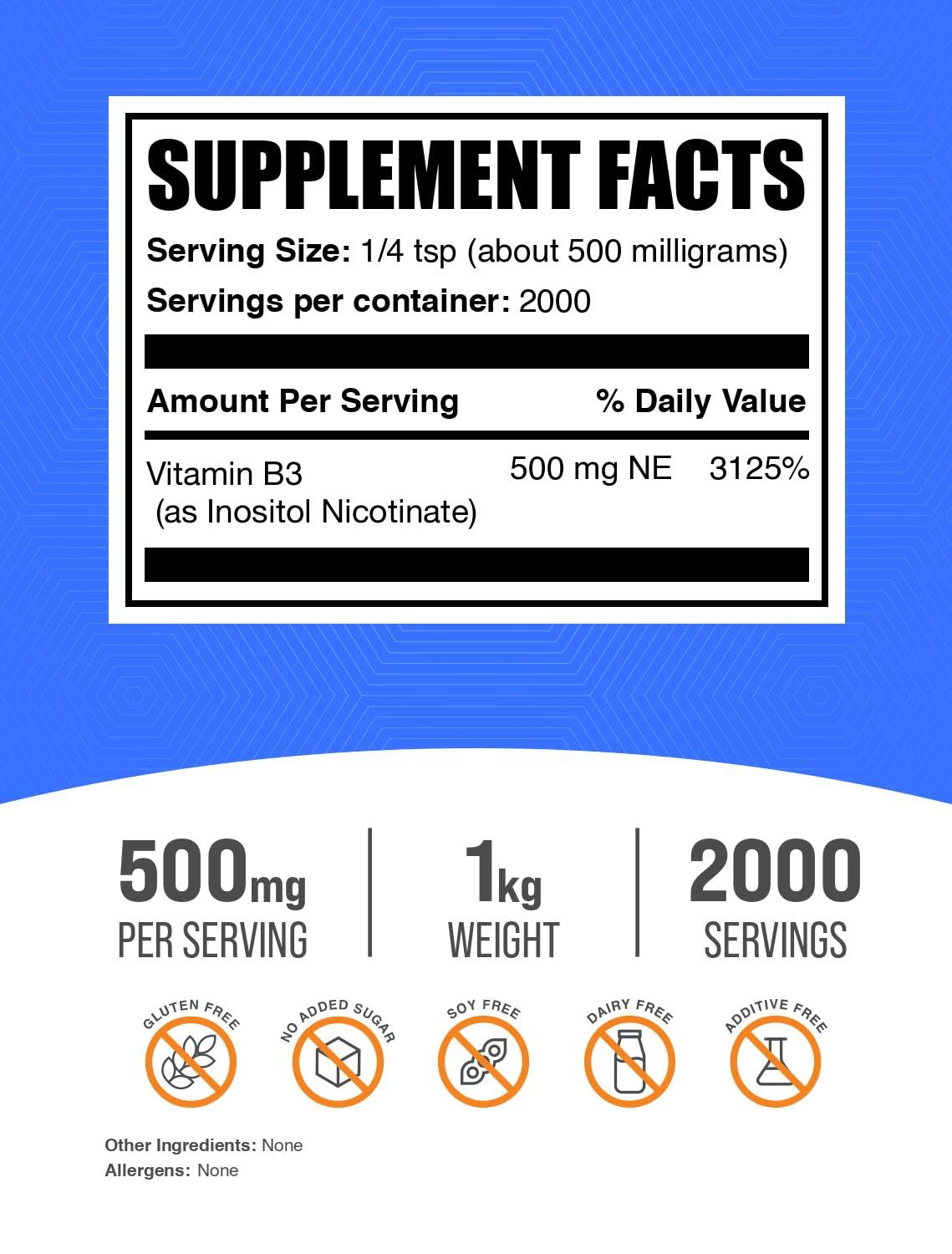 BulkSupplements.com Flush Free Niacin Powder - as Inositol Hexanicotinate, Vitamin B3 Supplement, Niacin 500mg Flush Free - Gluten Free, 500mg of per Serving, 5kg (11 lbs) (Pack of 5)