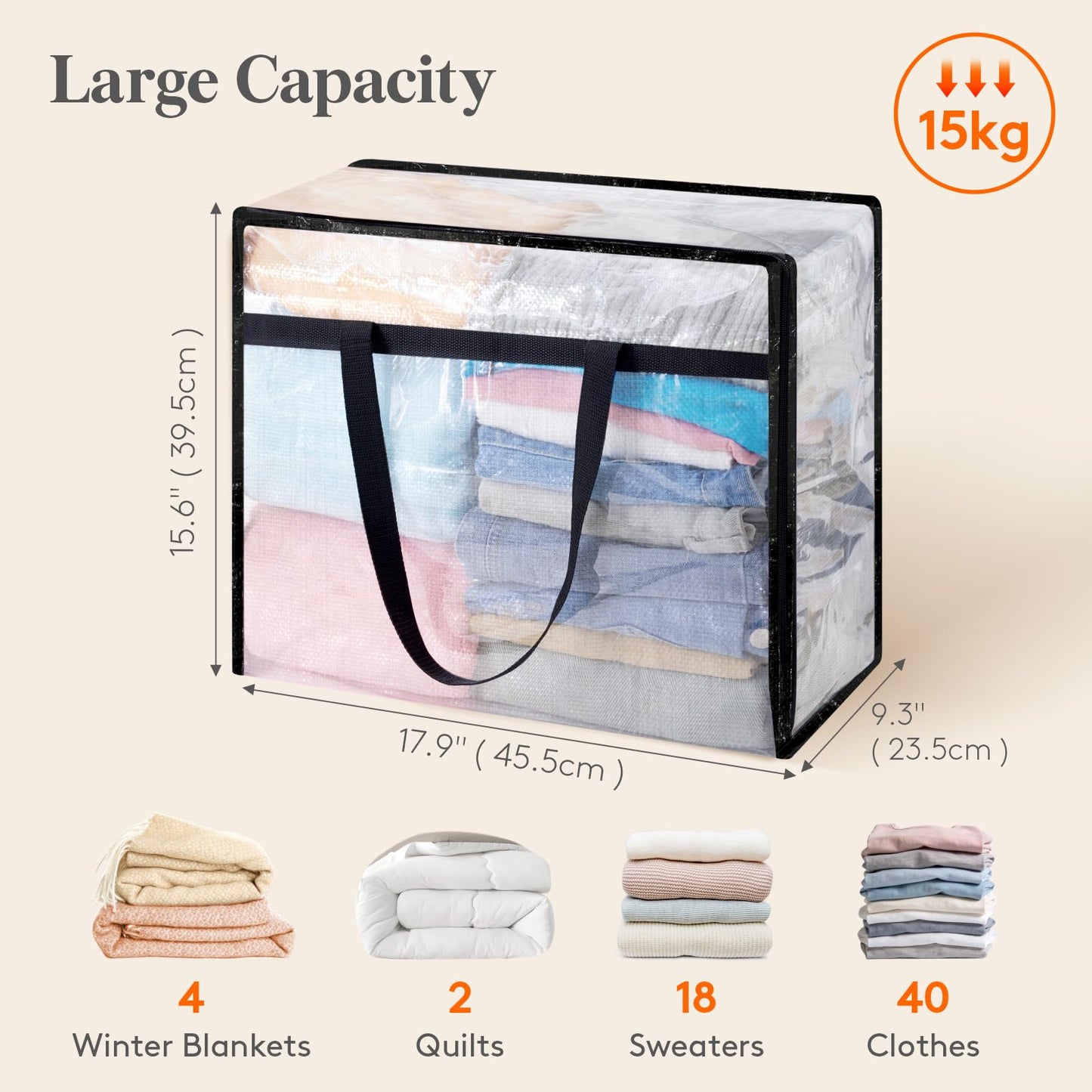 Lifewit 6 Pack Clear Blanket Storage Bags, Foldable Plastic Clothes Organizer with Zipper, Closet Organization Containers and Moving Bag for Comforter, Bedding, Duvet, 40L