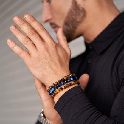 Tigerauge Armband für Herren 8MM Natursteinperlen Armband Set Stretch Lava Stein Armbänder Verstellbares Schwarzes Kristallperlenarmband für Herren Damen Geschenke
