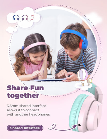 iClever Kinderkopfhörer für Schule und Reisen, sichere Lautstärkebegrenzung, HD-Mikrofon, Stereo-Sound Over-Ear-Kopfhörer für Mädchen und Jungen, FunShare Faltbar, 3,5 mm kabelgebunden für iPad Computer, HS19