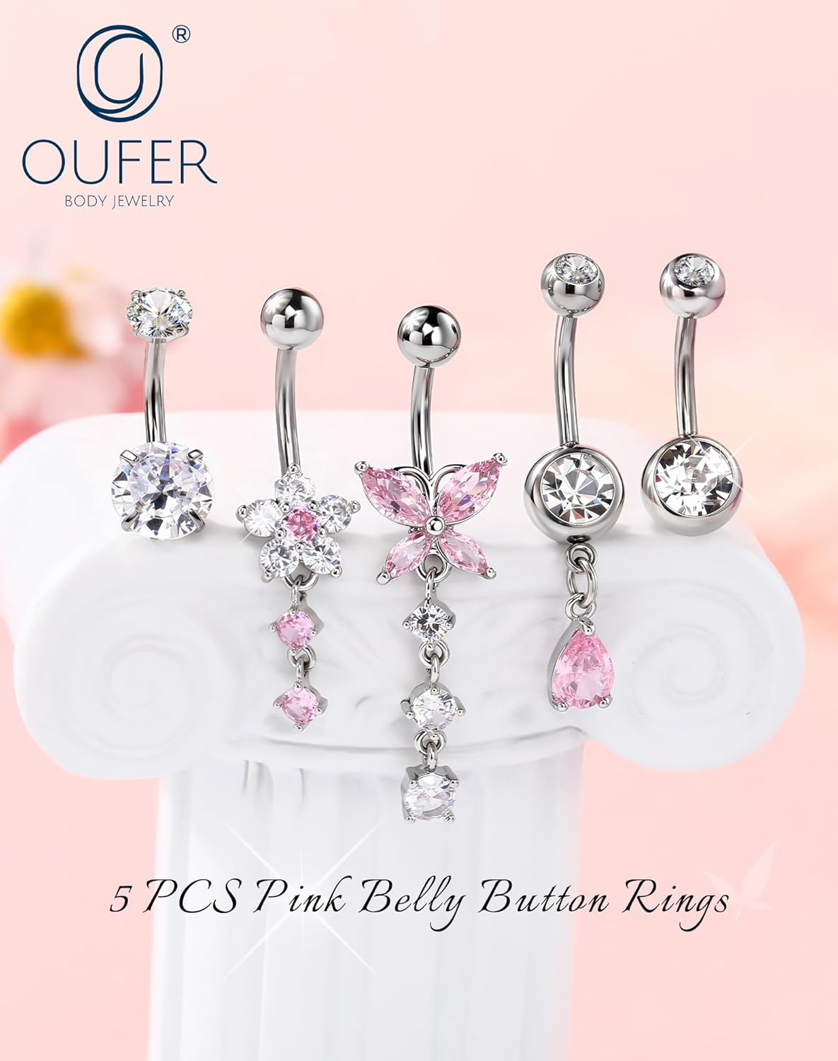 OUFER 5x Bauchnabelpiercings baumelnd – 14G Chirurgischer Stahl Bauchnabelpiercing, Hypoallergener Bauchnabelring mit Zirkonia Schmetterling Blume Tropfen Langhantel für Strand, Festival, Fitnessstudio