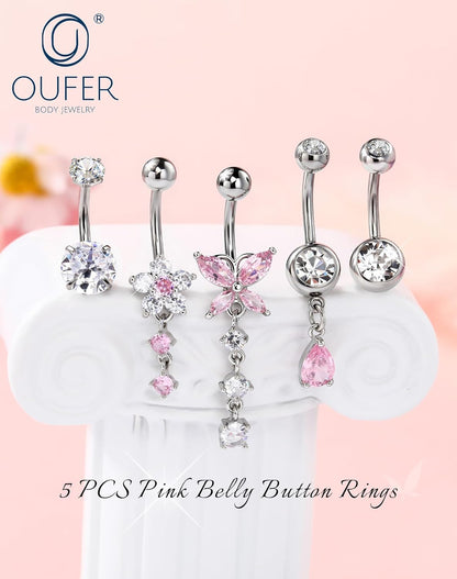 OUFER 5x Bauchnabelpiercings baumelnd – 14G Chirurgischer Stahl Bauchnabelpiercing, Hypoallergener Bauchnabelring mit Zirkonia Schmetterling Blume Tropfen Langhantel für Strand, Festival, Fitnessstudio