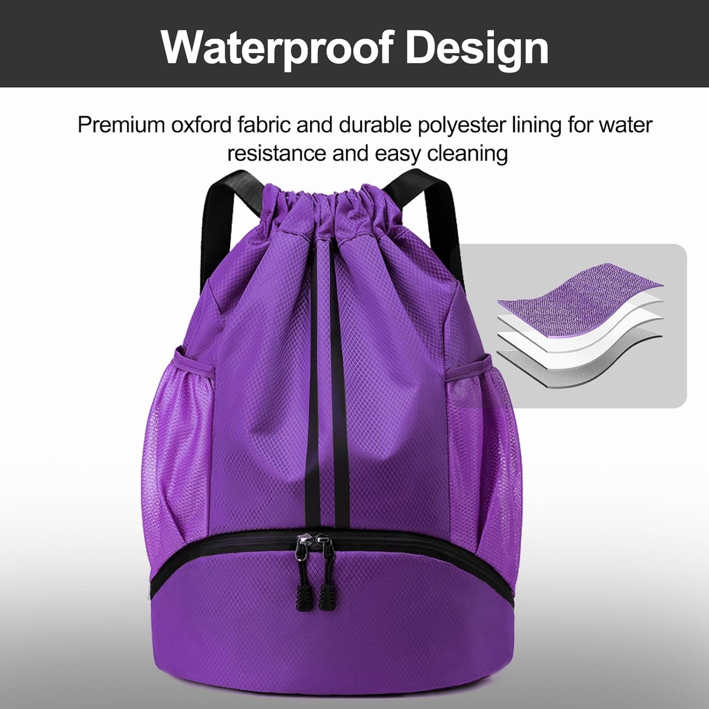 Hoedia Sports-Kordelzugrucksack – Schwimm-Turnbeutel mit Schuhfach und wasserdichter Tasche für Damen und Herren