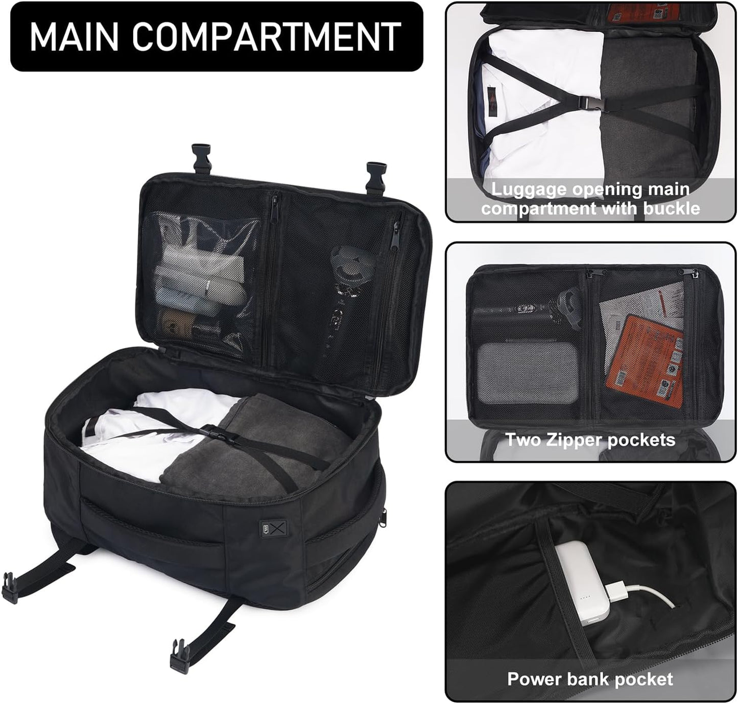 ECOHUB 16'' Reise-Rucksack Handgepäck Unterseat-Rucksack Persönlicher Gegenstand Flugzeug-Reisetasche mit 13 Taschen Handgepäck Flaschenhalter USB-Ladeanschluss Casual Daypack für Frauen Männer Schwarz