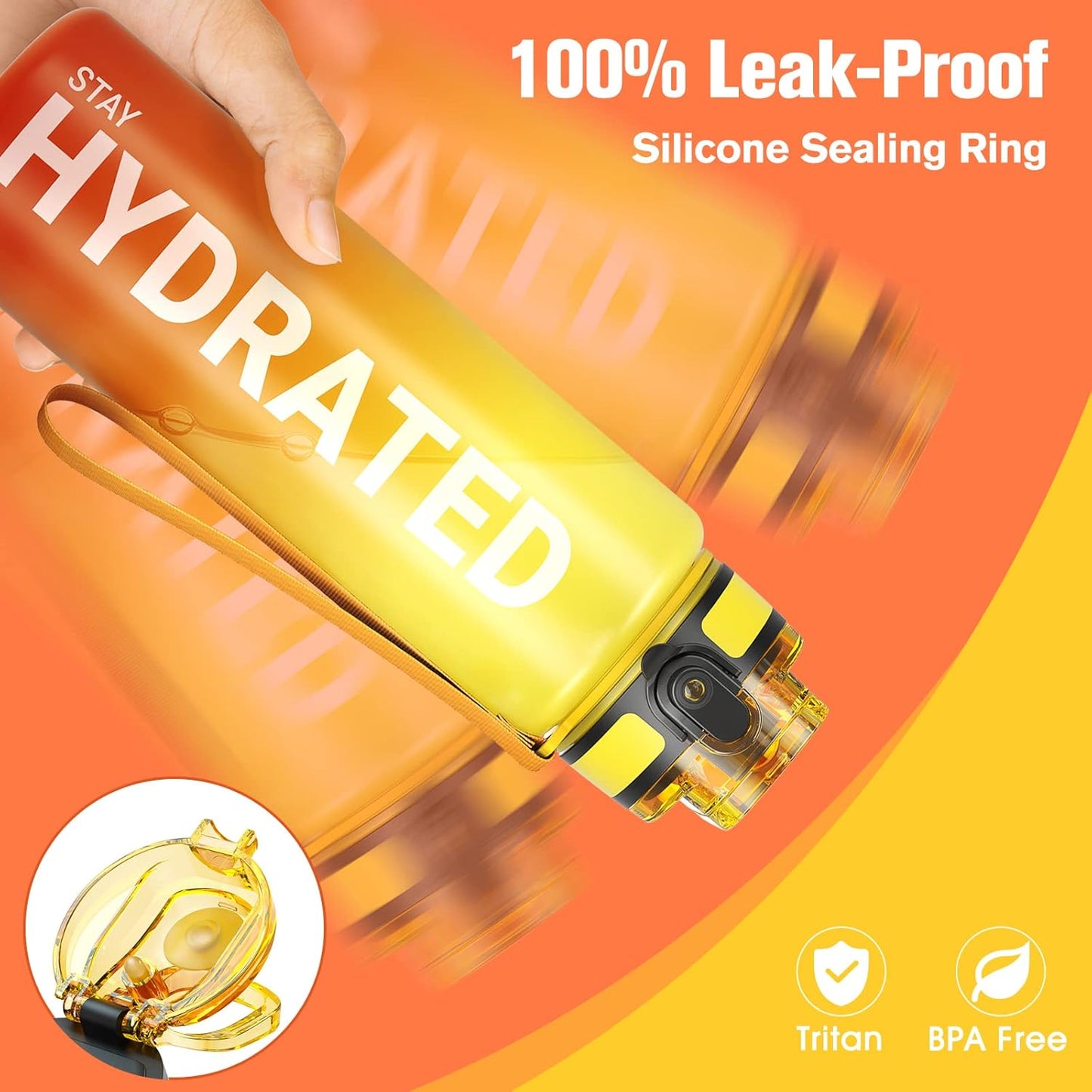 Sahara Sailor Trinkflasche, 950ml Motivations-Sportflasche mit Zeitmarkierung – Trinkzeiten – Tritan, BPA-frei, weite Öffnung auslaufsicher, Fast-Flow-Technologie mit Reinigungsbürste (1 Flasche)