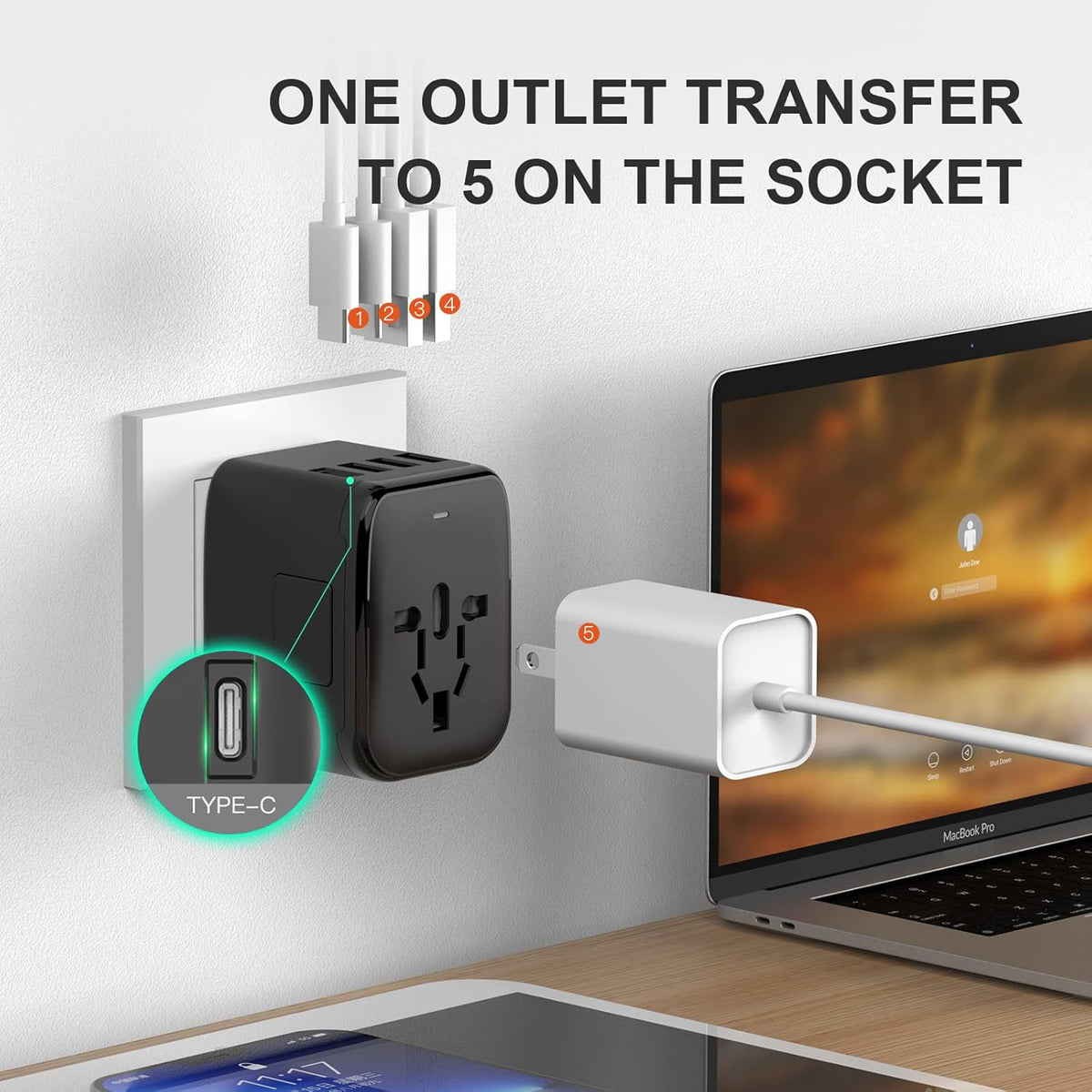 VYLEE Universal International Power Travel Plug Adapter, 5 in 1 European Travel Plug Adapter W/ 3.5A 2xUSB-A and 2xUSB C Wall Charger and Worldwide AC Outlet for Europe USA UK AUS Asia (White)