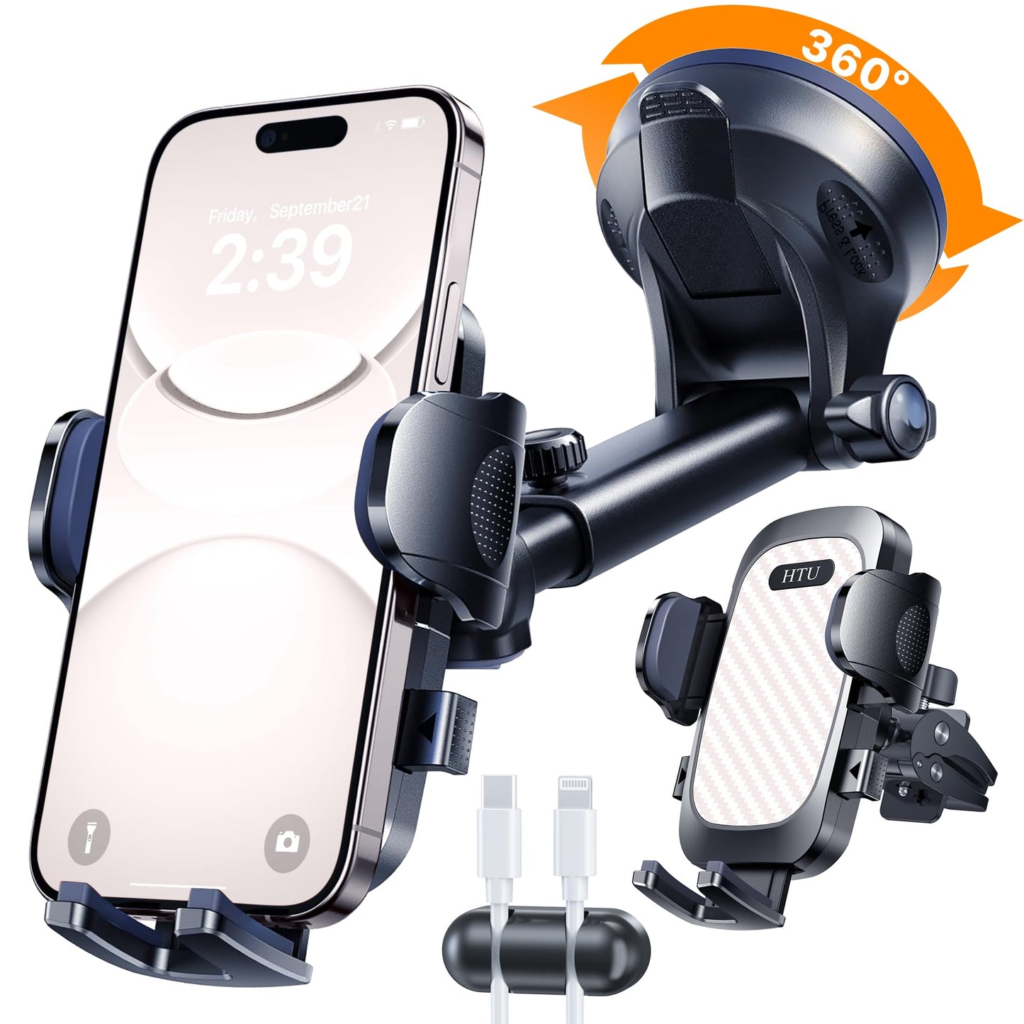2026 Ultimate Best【True Military-Grade & Safety Cert】Car Phone Holder HTU【Upgraded 360 Rotation & 100+LBS Strongest Suction】5-in-1 Truck Windshield Dashboard Vent Mount Stand for iPhone Android, Black
