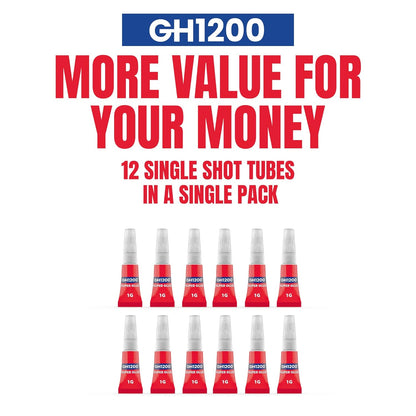GH1200 Sekundenkleber Allzweck 1g (12er Pack) mit Präzisionsdüse. Superschneller, dicker & starker Klebstoff, universeller Sekundenkleber für Hartplastik, Bastelarbeiten, Gummi, Metall, Leder und vieles mehr