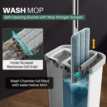 JOYMOOP Wischmopp und Eimer mit Auswringsystem, Freihand-Flachmopp und Eimer, mit 3 waschbaren Mikrofaserpads, Nass- und Trockengebrauch, Bodenreinigungssystem