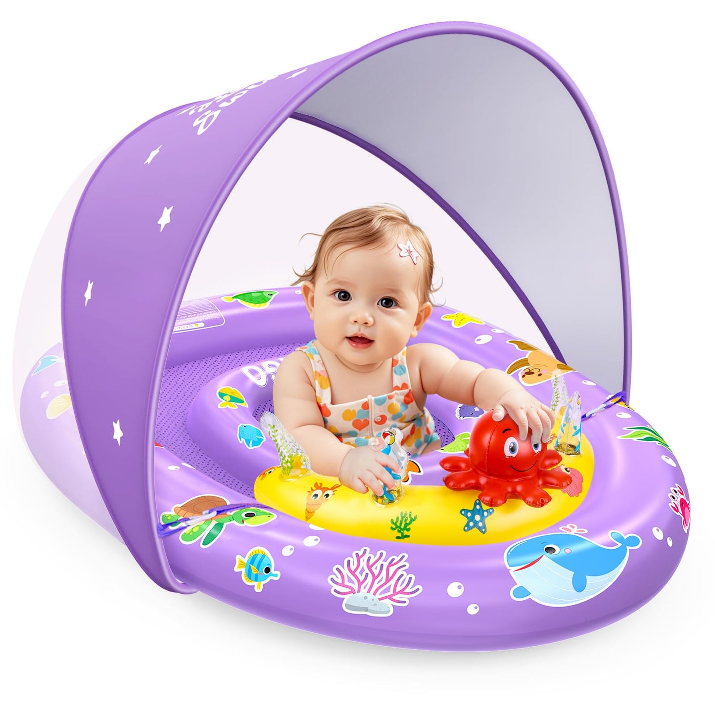 EZIGO Baby Pool Float with Canopy UPF50+ Sun Protection, Inflatable Kids Pool Floats with Ocean Animal Toys for Baby 6-36 Months, Infant Swimming Float with Adjustable Safety Seat for Boys Girls