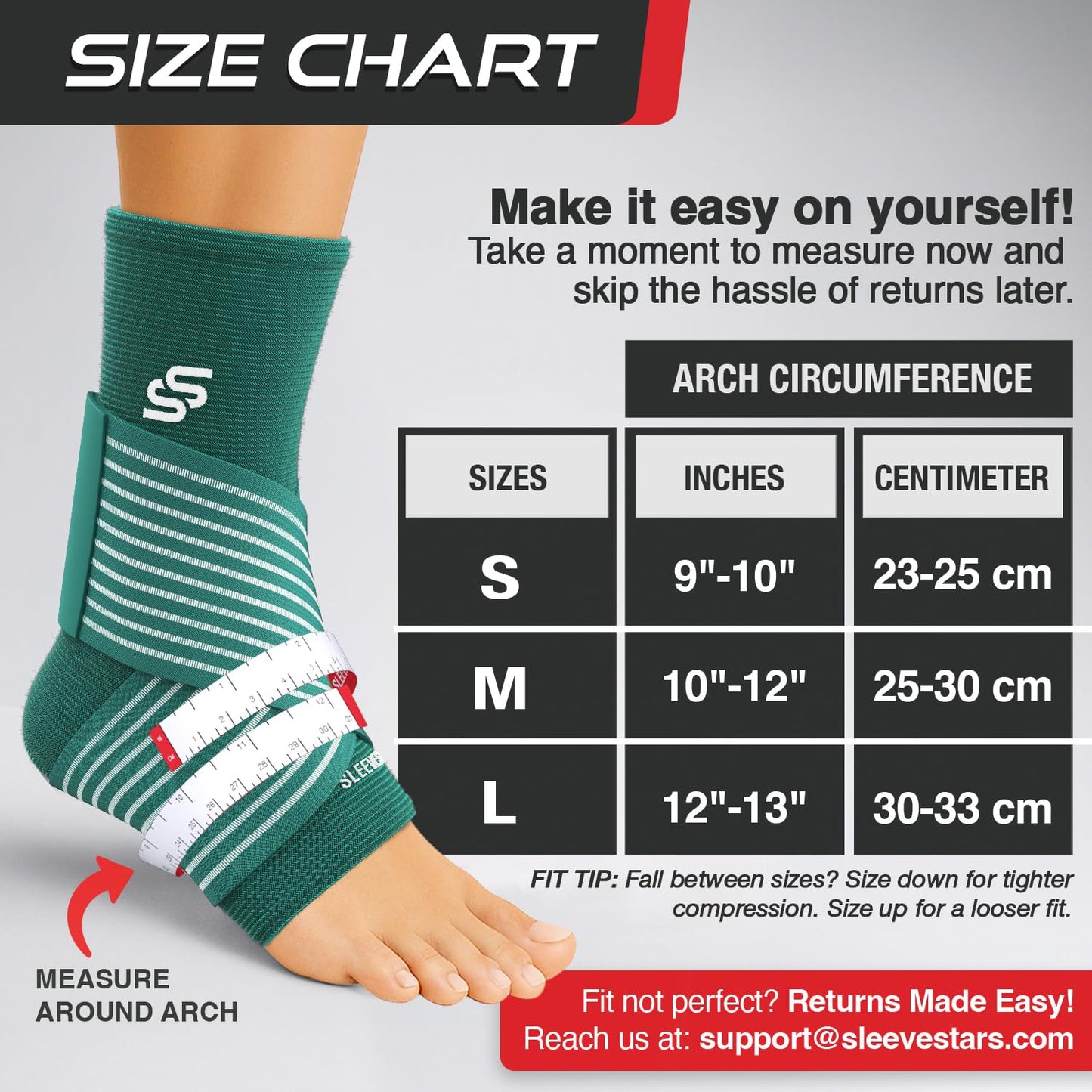 Sleeve Stars Knöchelbandage für Damen & Herren, Knöchelwickel für Verstauchungen, Kompressionsmanschette zur Linderung von Plantarfasziitis, Leicht anpassbare Unterstützung: mit abnehmbarem Gurt (Einzeln/M:25-30cm/Schwarz)