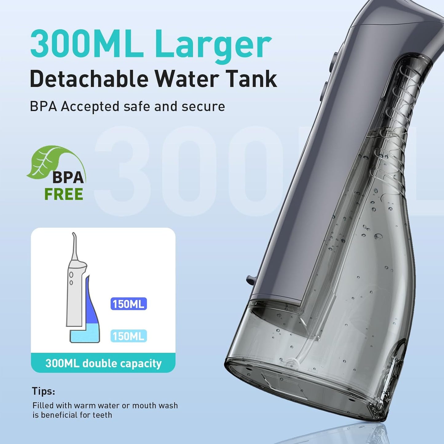 COSLUS Water Flosser C20 (F5020E): 300ML Kabelloser Elektrischer Munddusche Wiederaufladbar IPX7 Wasserdicht Tragbares Reise-Zahnseide-Set für die Zähne