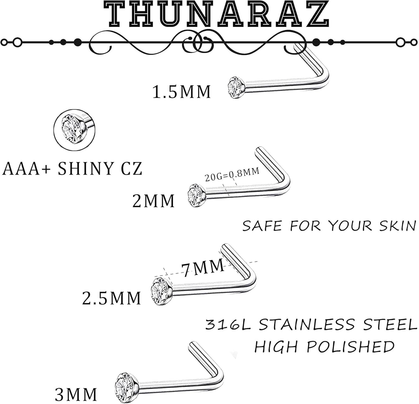 Thunaraz 60-120 Stück Edelstahl Nasenpiercing Ringe Stecker Körperschmuck 20G-22G 1.5mm 2mm 2.5mm