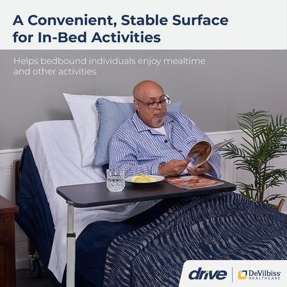 Drive Medical Overbed Table with Wheels - Secure Height Adjustment for Comfort - Non Tilt Surface - Smooth Rolling Design - Home & Hospital Use - Woodgrain Laminate Top - Silver Vein