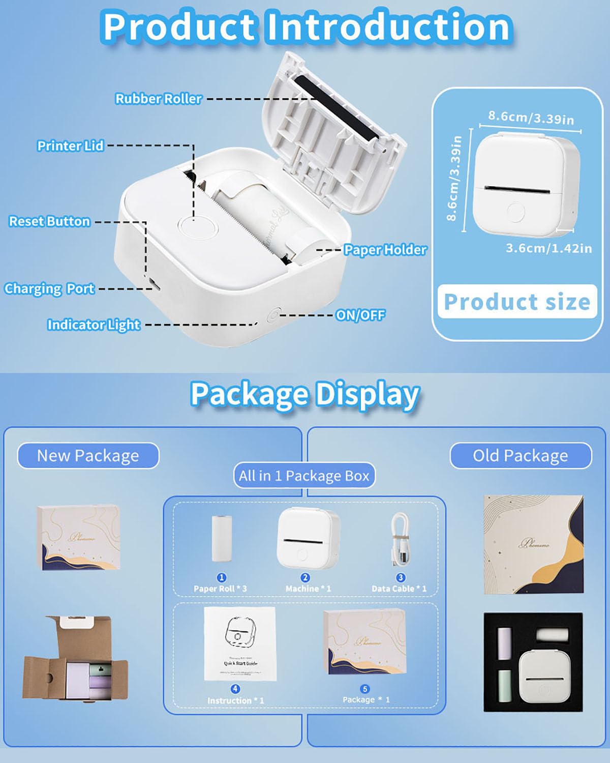 Memoking Mini-Drucker - T02 Aufkleberdrucker, Druckkapsel, tragbarer thermischer tintenloser Aufkleberhersteller, Bluetooth-Taschen-Minifotodrucker, Sofortdruck, Smart AI APP, für Studentenstudiennotizen, Tagebuch, Heimwerker, Geschenk