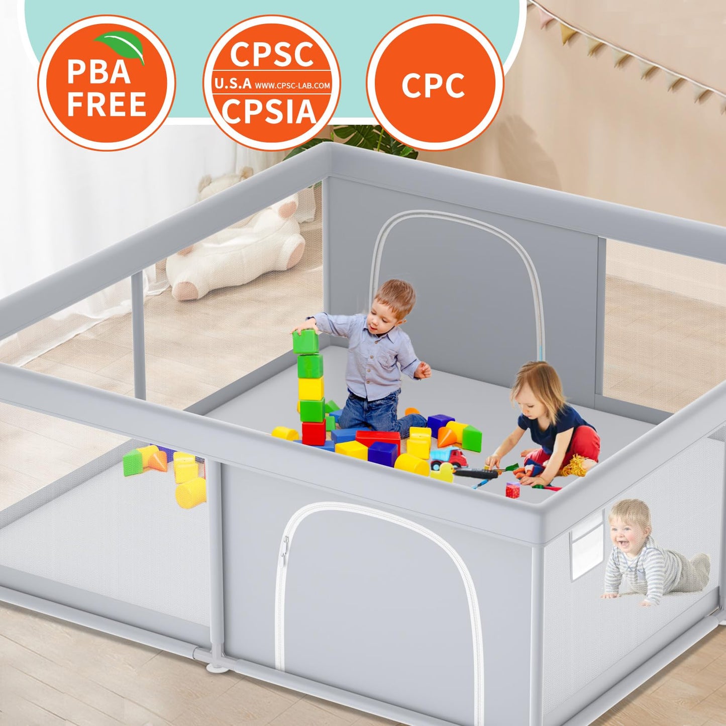 XVISHX 50 x 50 Inch Baby Playpen, Playpen for Babies and Toddlers, Baby Play Pen Playard for Indoor & Outdoor Active Center Game Fence, with Skin-Friendly Fabric and Soft Breathable Mesh, Grey