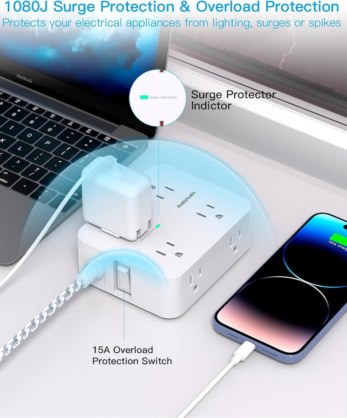 Surge Protector Power Bar - 8 Outlets 4 USB Charging Ports(2 USB C), Power Strip with 5Ft Braided Extension Cord, Flat Plug, Wall Mount Desk USB C Charging Station for Home Office College Essentials