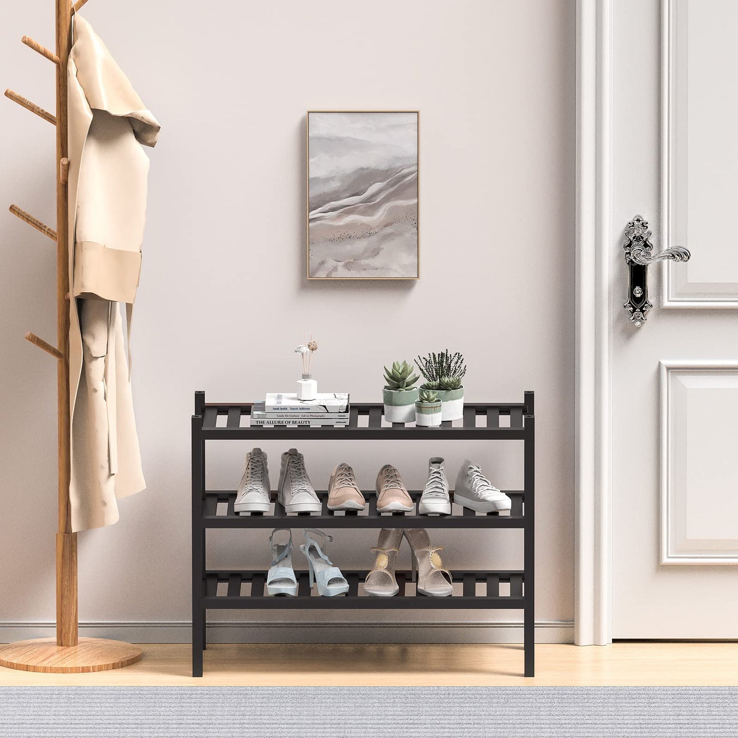 ROMGUAR CRAFT 3 Tier Bamboo Shoe Rack for Closet Free Standing Wood Shoe Shelf Storage Organizer for Entryway Small Space Stackable 27"x11"x20" (Natural)