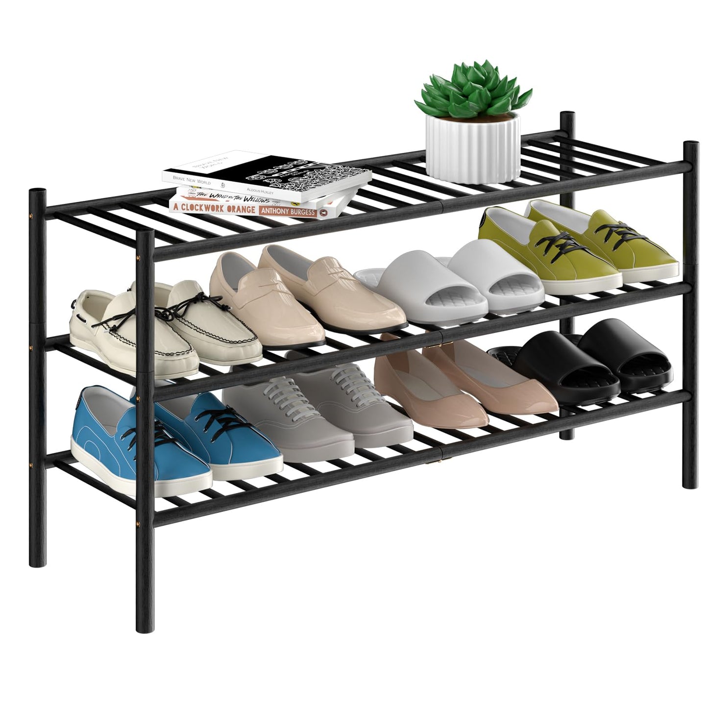ROMGUAR CRAFT 3 Tier Bamboo Shoe Rack for Closet Free Standing Wood Shoe Shelf Storage Organizer for Entryway Small Space Stackable 27"x11"x20" (Natural)