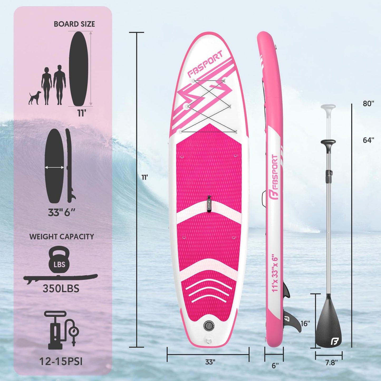 FBSPORT 11' Premium Stand Up Paddle Board, Yoga Board with SUP Accessories & Carry Bag | Wide Stance, Surf Control, Non-Slip Deck, Leash, Paddle and Pump for Youth & Adult