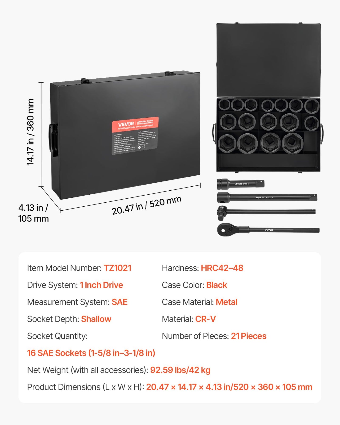 VEVOR 91-Piece 1/2" Drive Impact Socket Set, SAE (5/16" to 1-1/4") & Metric (8 to 32 mm), CR-V, Deep & Shallow, 6 Point, Ratchet Handle, Universal Joint, Adapters, Extension Bars (3, 5, 10 in)