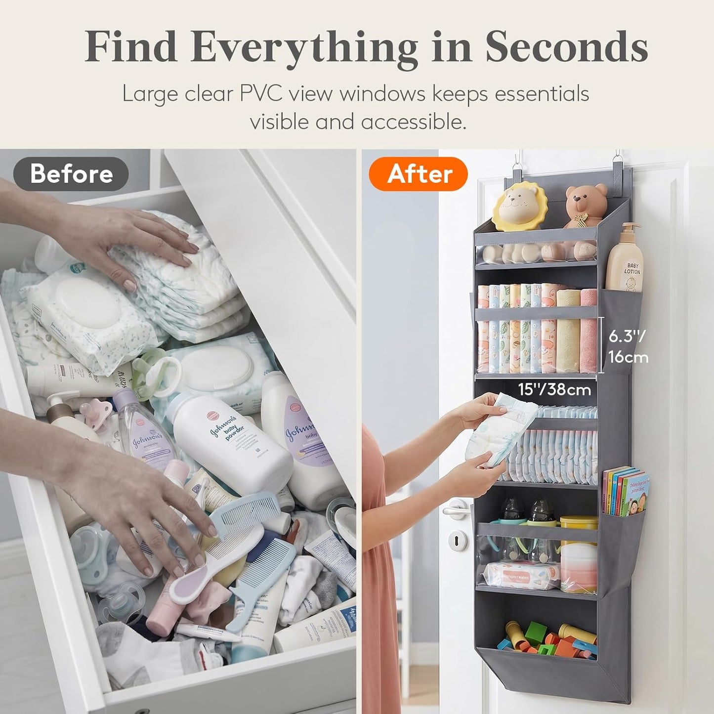 Lifewit 1 Pack Over the Door Organizer, 5 Section Clear Window Hanging Storage with 4 Side Pockets, Sturdy Anti Tilt 40 lbs Load Behind Door for Closet, Bedroom, Bathroom, Nursery, Dorm, Dark Gray