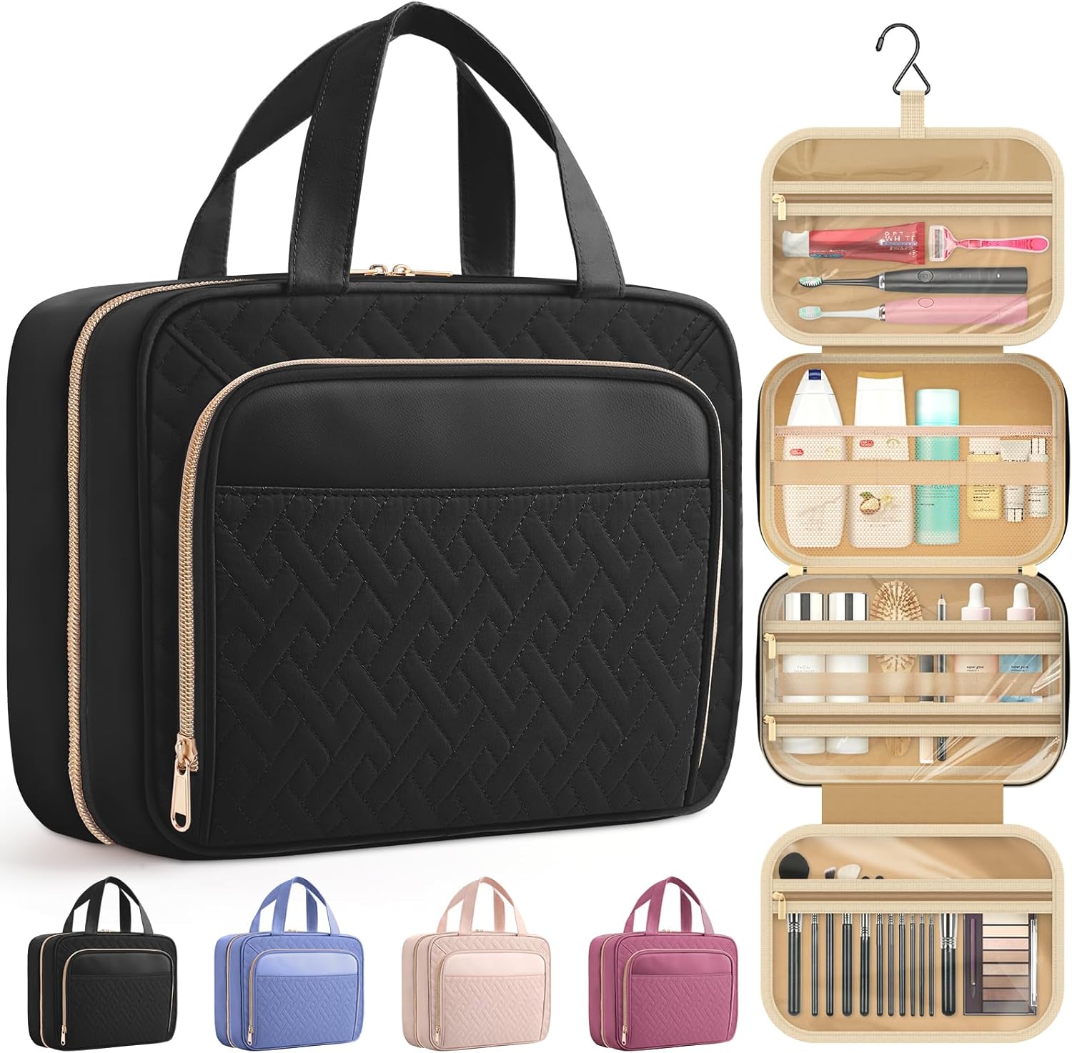 HOTOR Travel Toiletry Bag for Women - Spacious Toiletry Bag for Men, Waterproof Makeup Bag with Hanging Hook and Multiple Pockets, Travel Accessories, Travel Essentials, Black, Medium