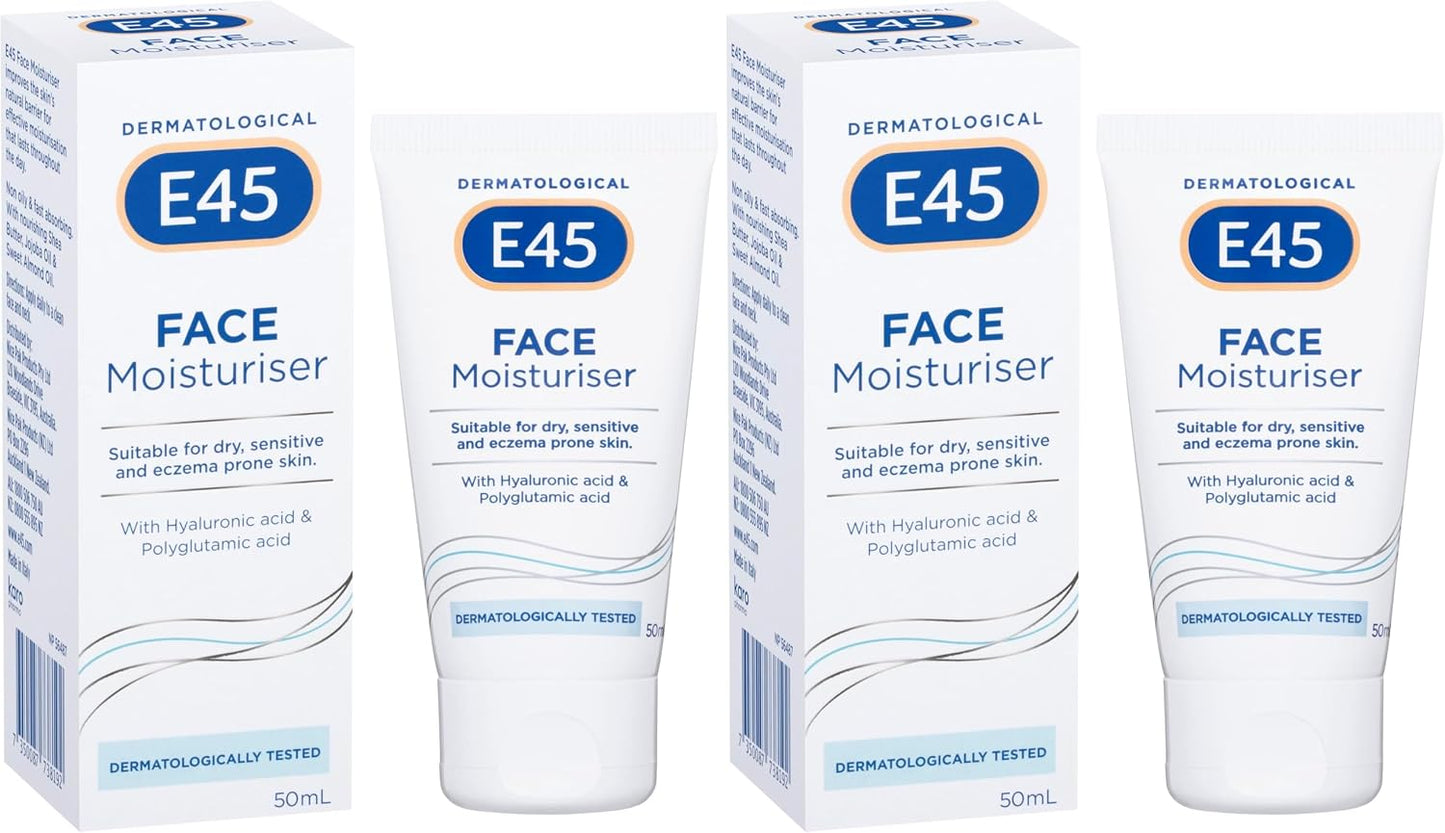 E45 - Face Moisturiser | Long Lasting 24 Hour Hydration | For Dry, Sensitive and Eczema Prone Skin | 50mL