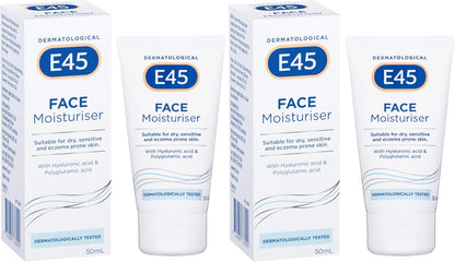 E45 - Face Moisturiser | Long Lasting 24 Hour Hydration | For Dry, Sensitive and Eczema Prone Skin | 50mL
