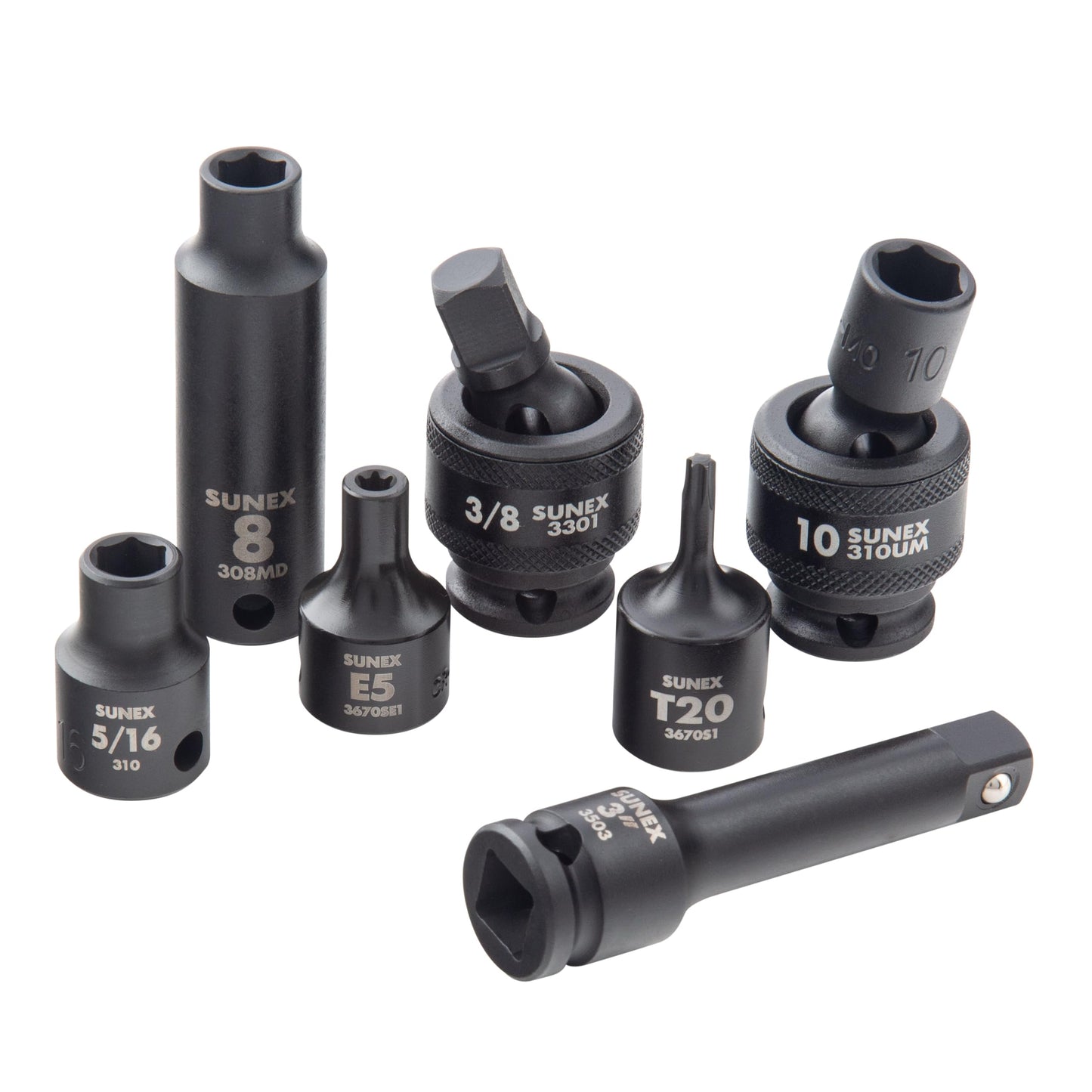 SUNEX Tools 80 Piece 3/8 in. Drive Master Impact Socket Set, Universal, Star, External Star, Extensions, Universal Joint, SAE and Metric, 8mm to 19mm and 5/16 in. to 3/4 in., CR-MO Steel, Model 3580