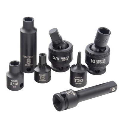 SUNEX Tools 80 Piece 3/8 in. Drive Master Impact Socket Set, Universal, Star, External Star, Extensions, Universal Joint, SAE and Metric, 8mm to 19mm and 5/16 in. to 3/4 in., CR-MO Steel, Model 3580