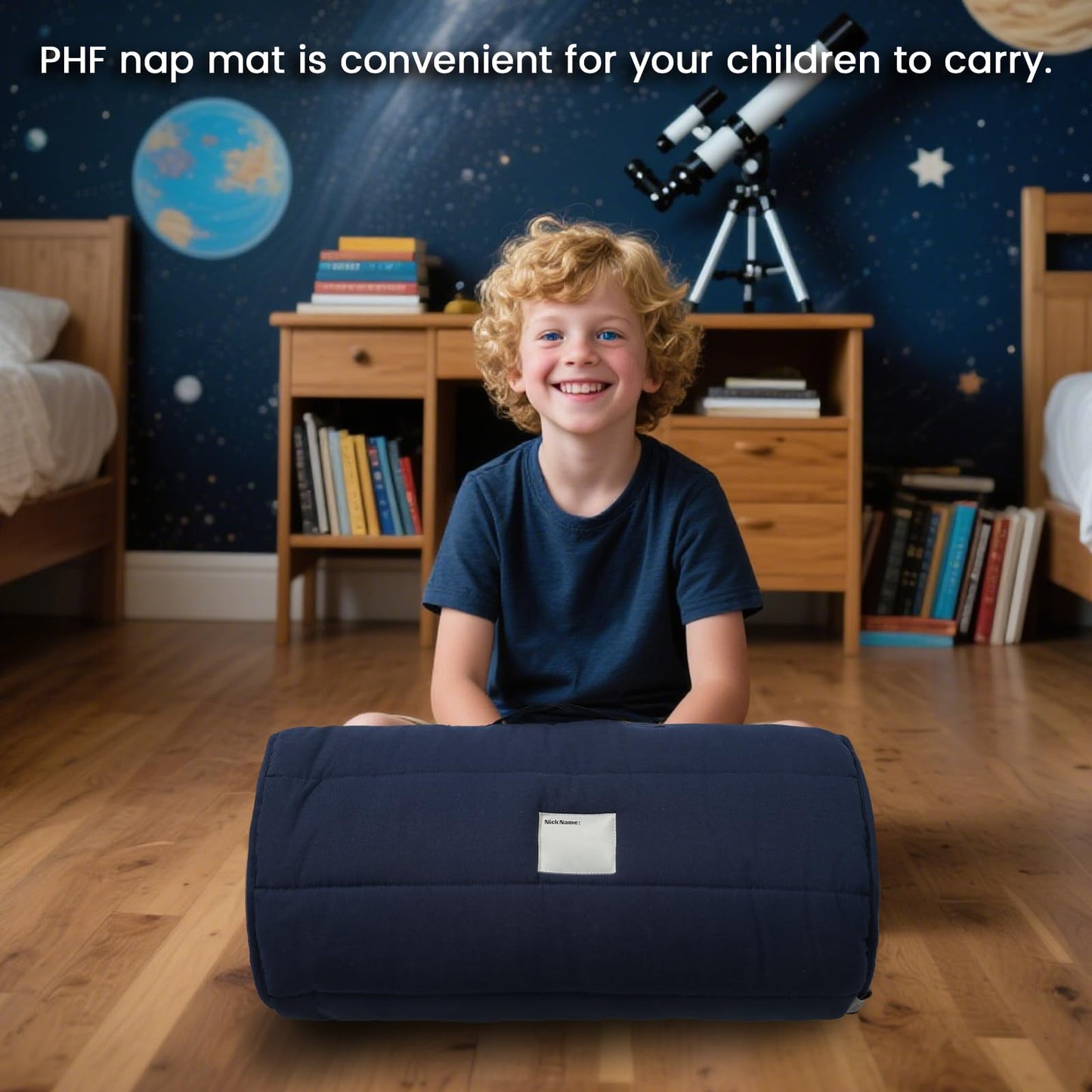 PHF Toddler Nap Mat with Removable Pillow and Minky Blanket, Rollup Design Kids Sleeping Mat, Slumber Bags for Boys, 55"x23" Toddler Sleeping Bag for Daycare Preschool Travel Camping, Space