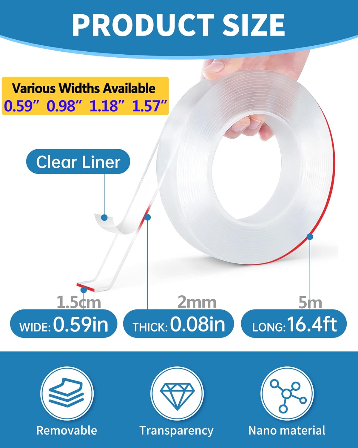 Teskyer Doppelseitiges Klebeband, Hochleistungsklebeband, Stark Haftendes Mehrzweck-Montageband, Abnehmbares und Wiederverwendbares Transparentes Klebeband (5m/Rolle, 1,5cm Breit)