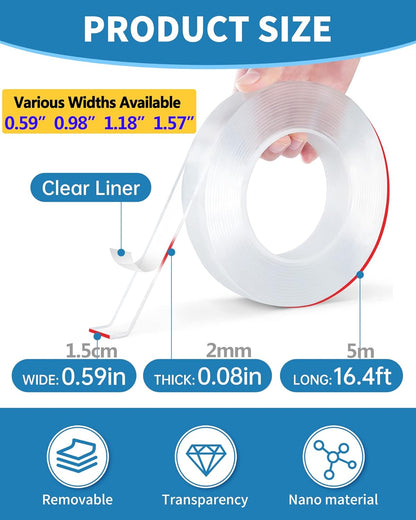 Teskyer Doppelseitiges Klebeband, Hochleistungsklebeband, Stark Haftendes Mehrzweck-Montageband, Abnehmbares und Wiederverwendbares Transparentes Klebeband (5m/Rolle, 1,5cm Breit)