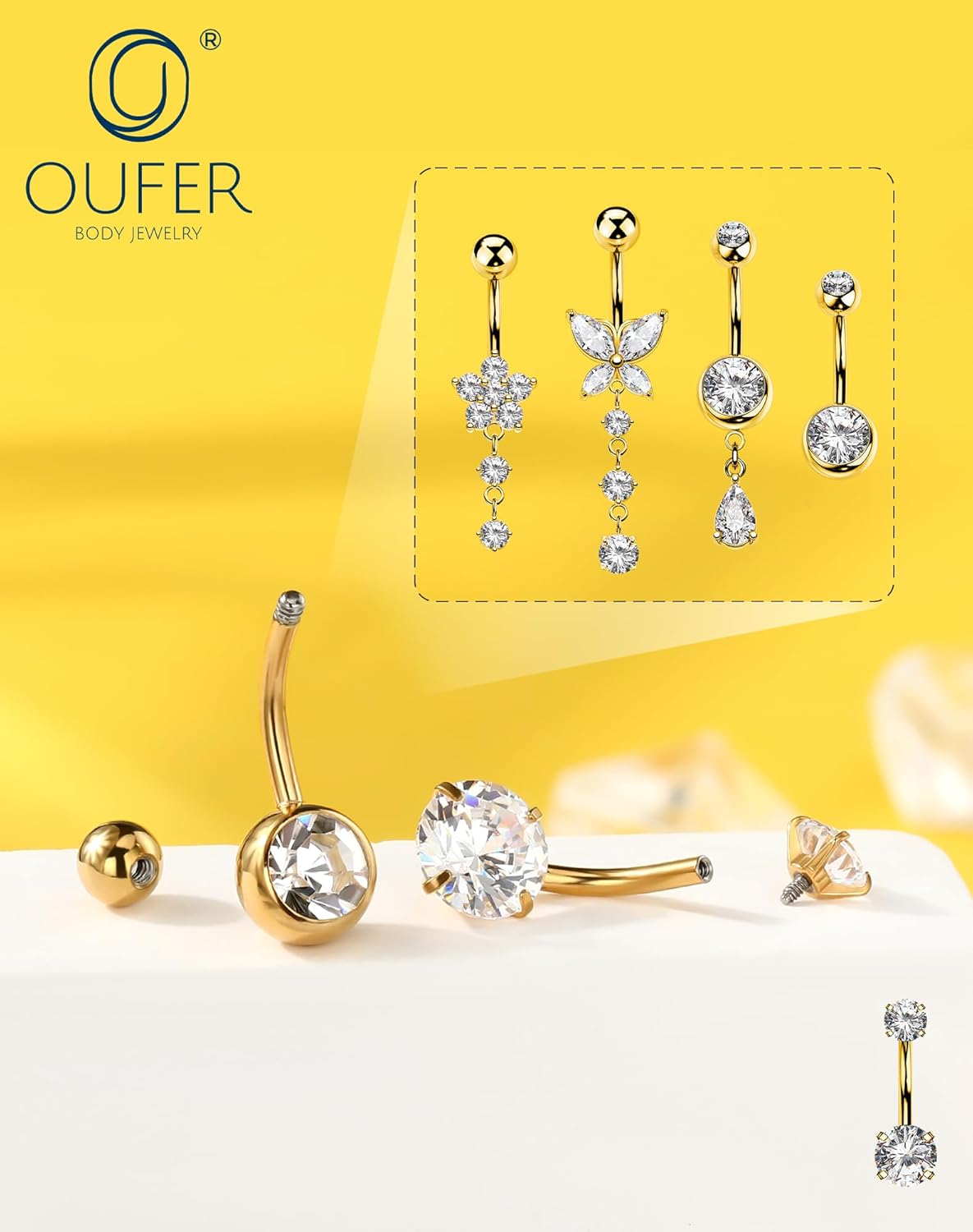 OUFER 5x Bauchnabelpiercings baumelnd – 14G Chirurgischer Stahl Bauchnabelpiercing, Hypoallergener Bauchnabelring mit Zirkonia Schmetterling Blume Tropfen Langhantel für Strand, Festival, Fitnessstudio