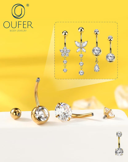OUFER 5x Bauchnabelpiercings baumelnd – 14G Chirurgischer Stahl Bauchnabelpiercing, Hypoallergener Bauchnabelring mit Zirkonia Schmetterling Blume Tropfen Langhantel für Strand, Festival, Fitnessstudio