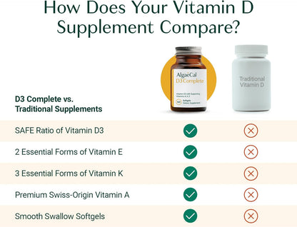 ALGAECAL 4-in-1 Vitamin D3 K2 Complete - ADK Vitamin Supplement, Enhanced Immune Support & Bone Health with D3 K2, A, & E - Whole Body Wellness & Bone Strength, Easy-Swallow Softgels, 6 Month Supply