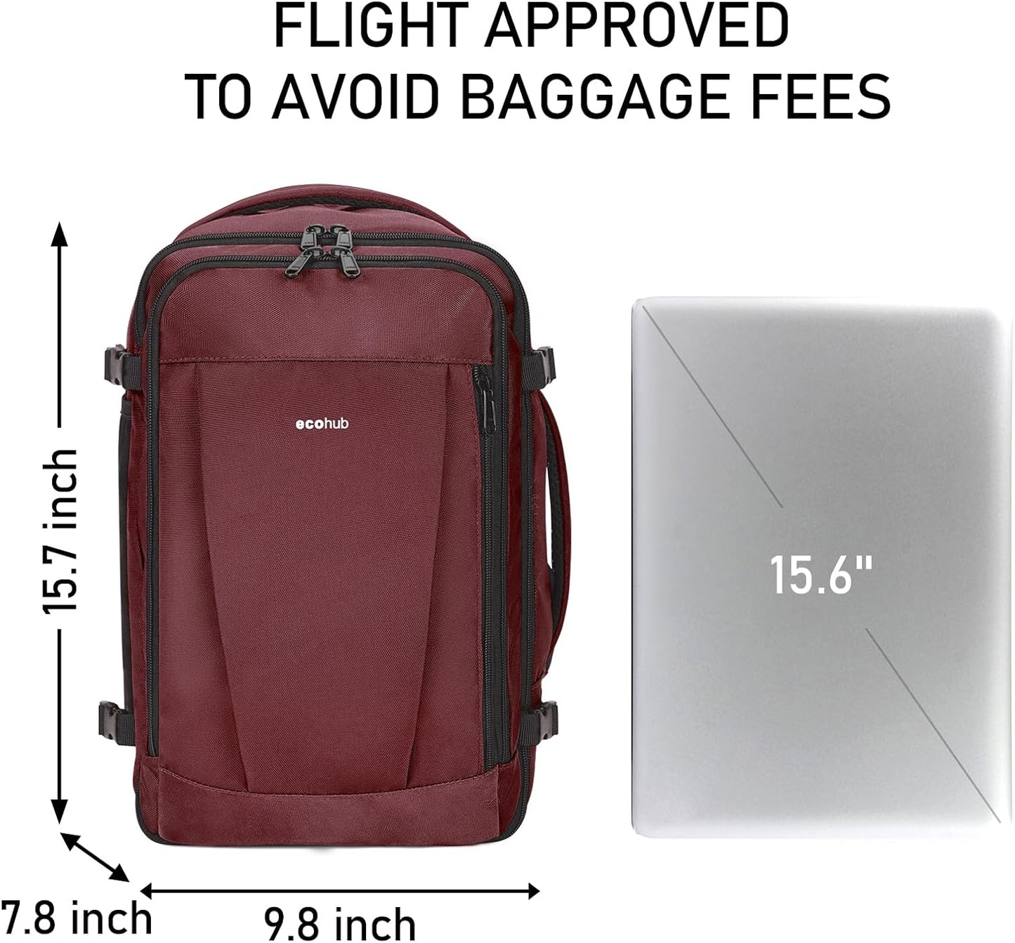 ECOHUB 16'' Reise-Rucksack Handgepäck Unterseat-Rucksack Persönlicher Gegenstand Flugzeug-Reisetasche mit 13 Taschen Handgepäck Flaschenhalter USB-Ladeanschluss Casual Daypack für Frauen Männer Schwarz