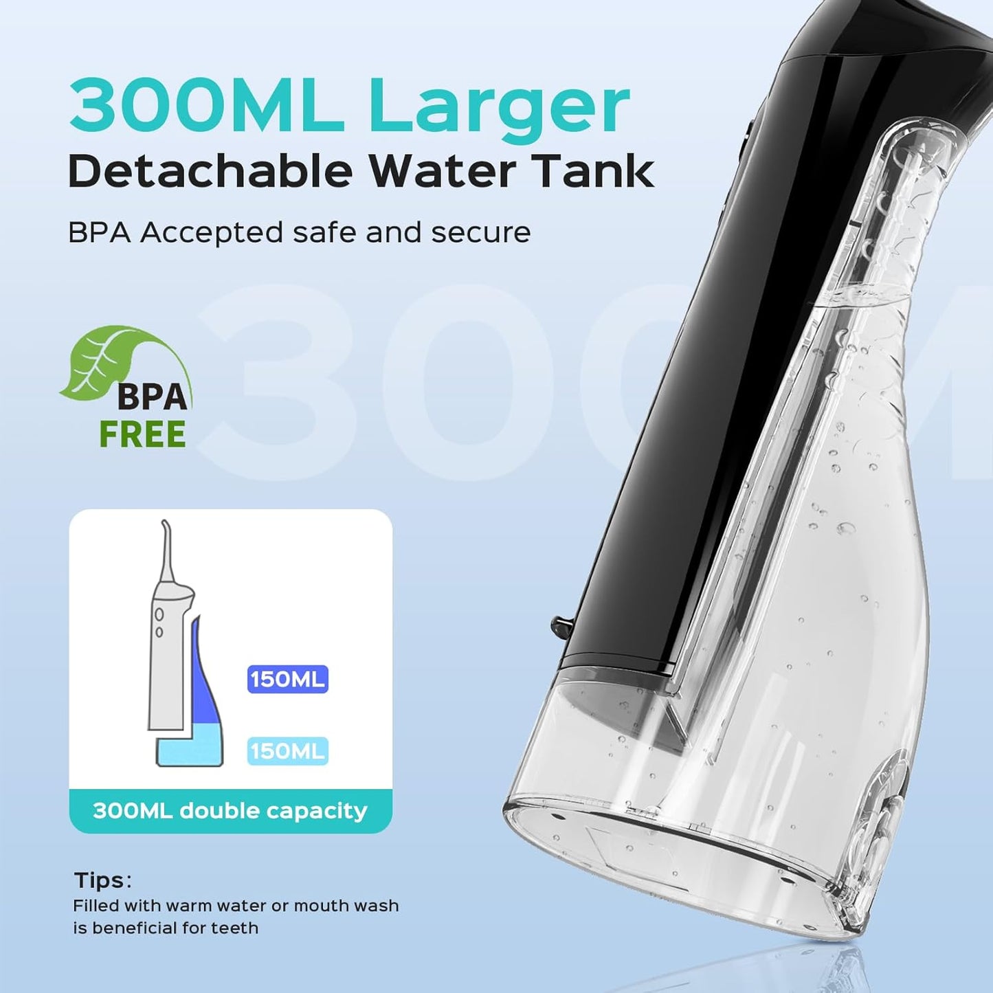 COSLUS Water Flosser C20 (F5020E): 300ML Kabelloser Elektrischer Munddusche Wiederaufladbar IPX7 Wasserdicht Tragbares Reise-Zahnseide-Set für die Zähne