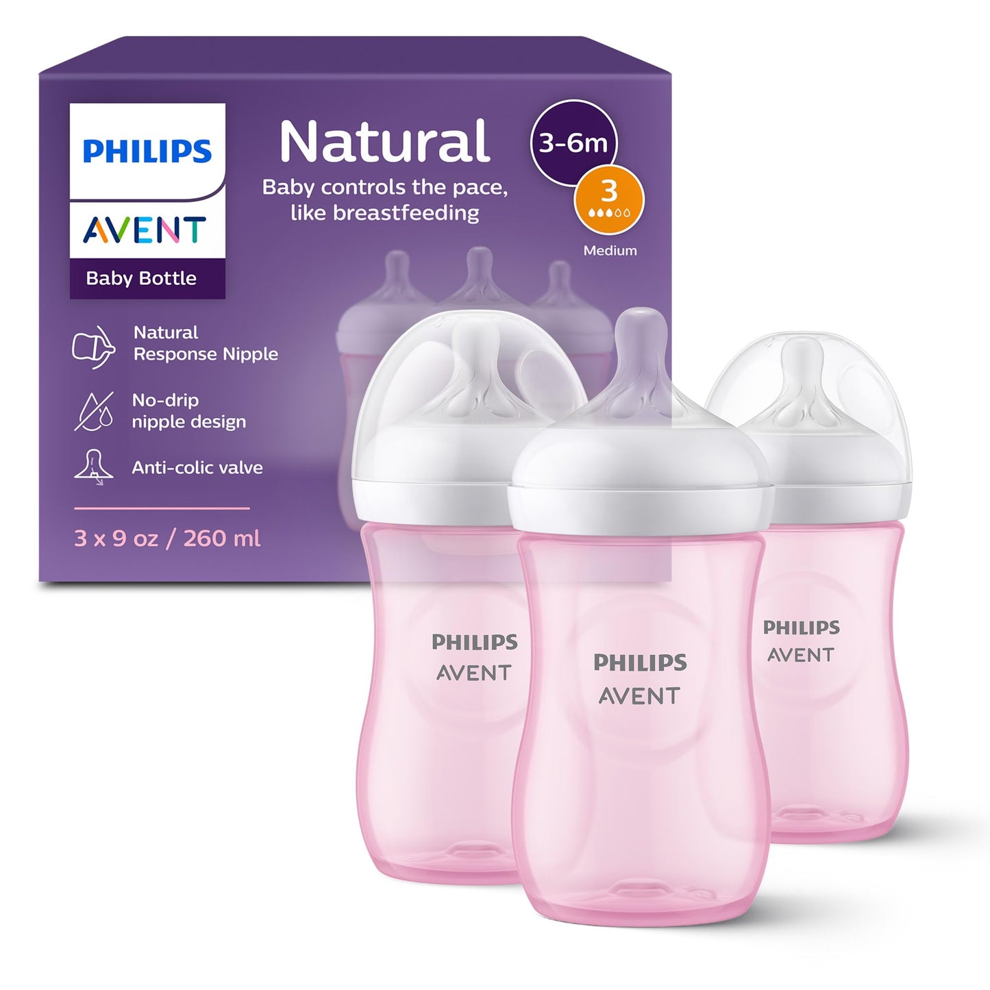 Philips Avent Natural Baby Bottle with Natural Response Nipple (Medium Flow,Flow 3), 9oz, SCY903/01