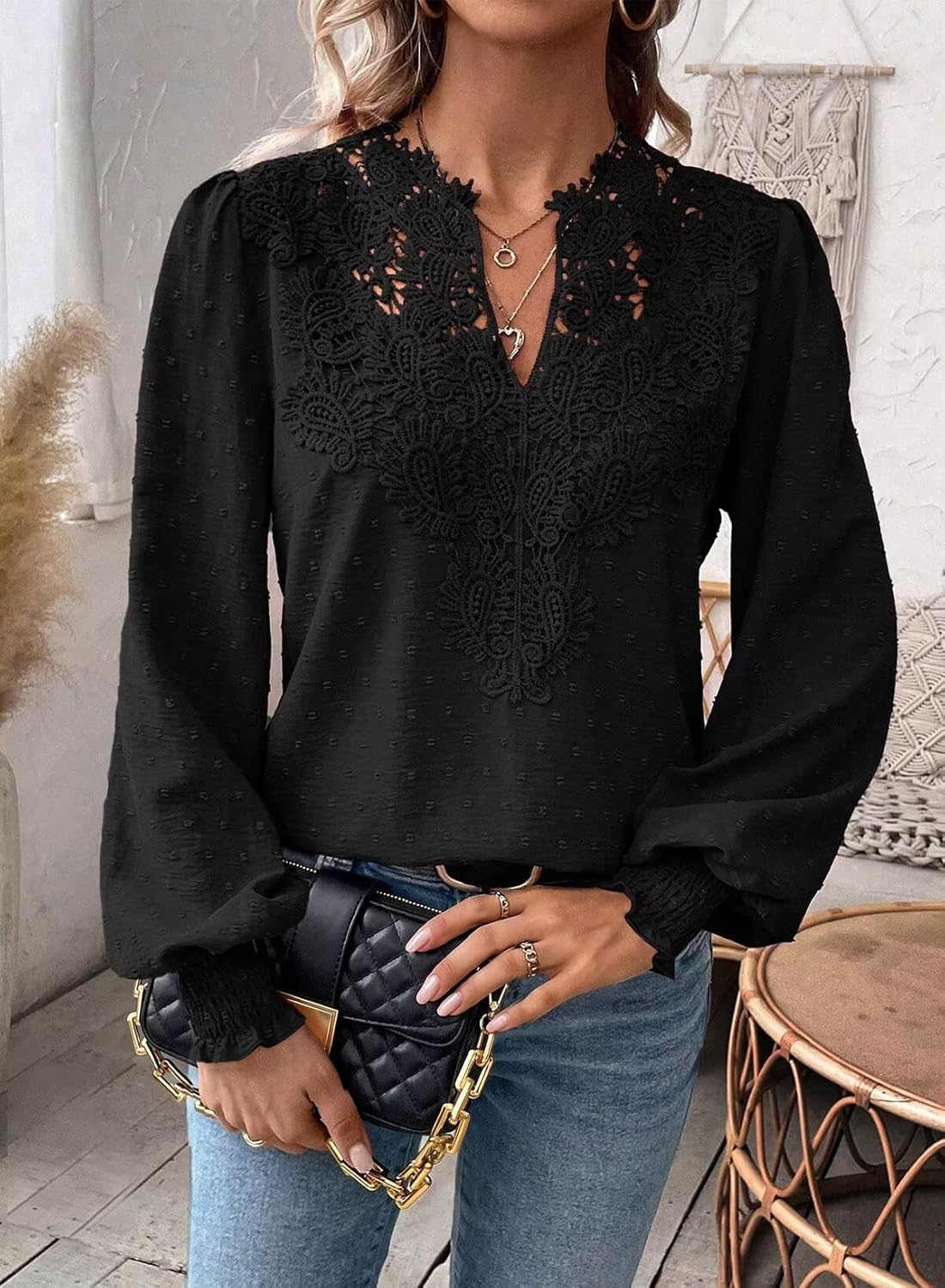 Falechay Womens Tops Swiss Dot Boho Long Sleeve Shirts