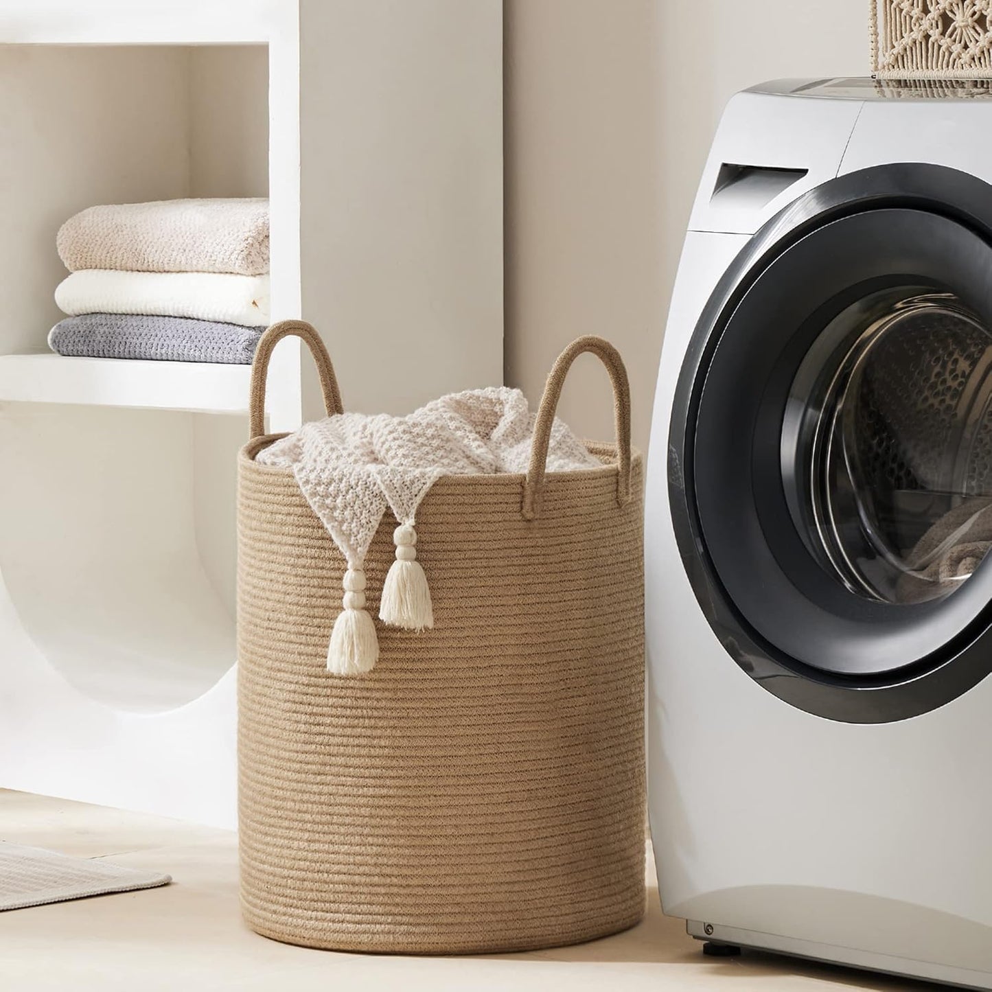 Woven Rope Laundry Hamper Basket by YOUDENOVA, 72L Tall Luandry Basket, Baby Nursery Hamper for Blanket Storage in Bedroom-Large-Jute