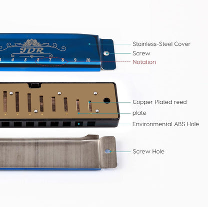 JDR Mundharmonika C, Blues-Mundharmonika in C, 10-Loch, 20 Töne mit Etui, Standard diatonisch für Anfänger, Erwachsene, Profis, Lehrer, Eltern, Schüler, Schwarz, Neujahrsgeschenk