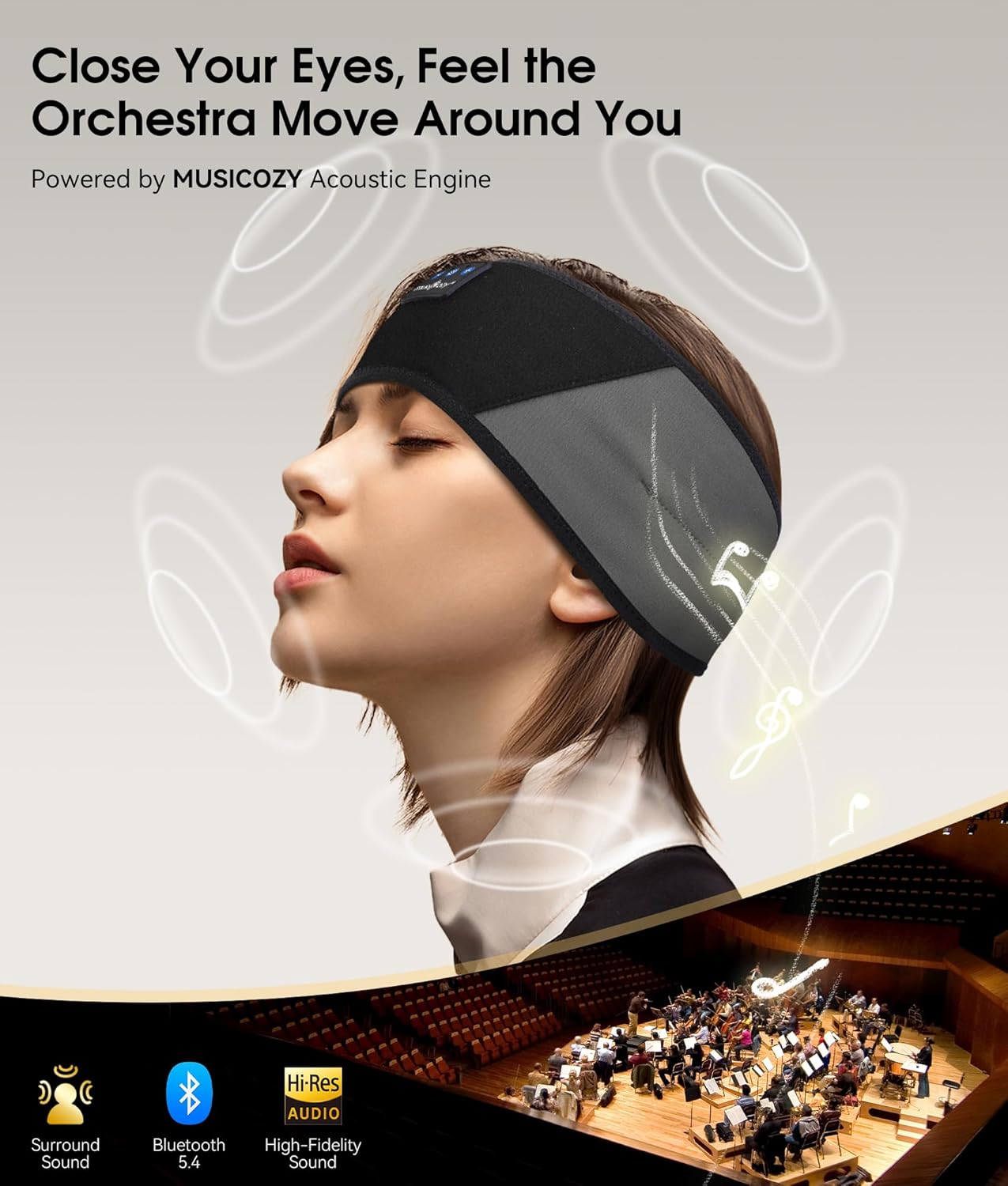 MUSICOZY Bluetooth 5.4 Schlaf-Kopfhörer-Stirnband, kabellose Schlaf-Kopfhörer-Schlafmaske Ohrhörer IPX6 wasserdicht für Seitenschläfer, Training, Laufen, Schlaflosigkeit, Reisen, Yoga, coole Tech-Gadgets, einzigartiges Geschenk